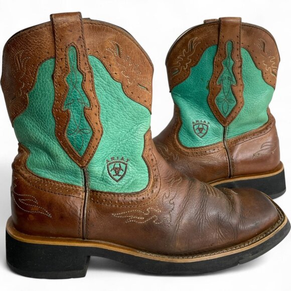 Ariat Leather Brown Green Western Cowgirl Cowboy Boots Women's 8 B - Picture 1 of 13